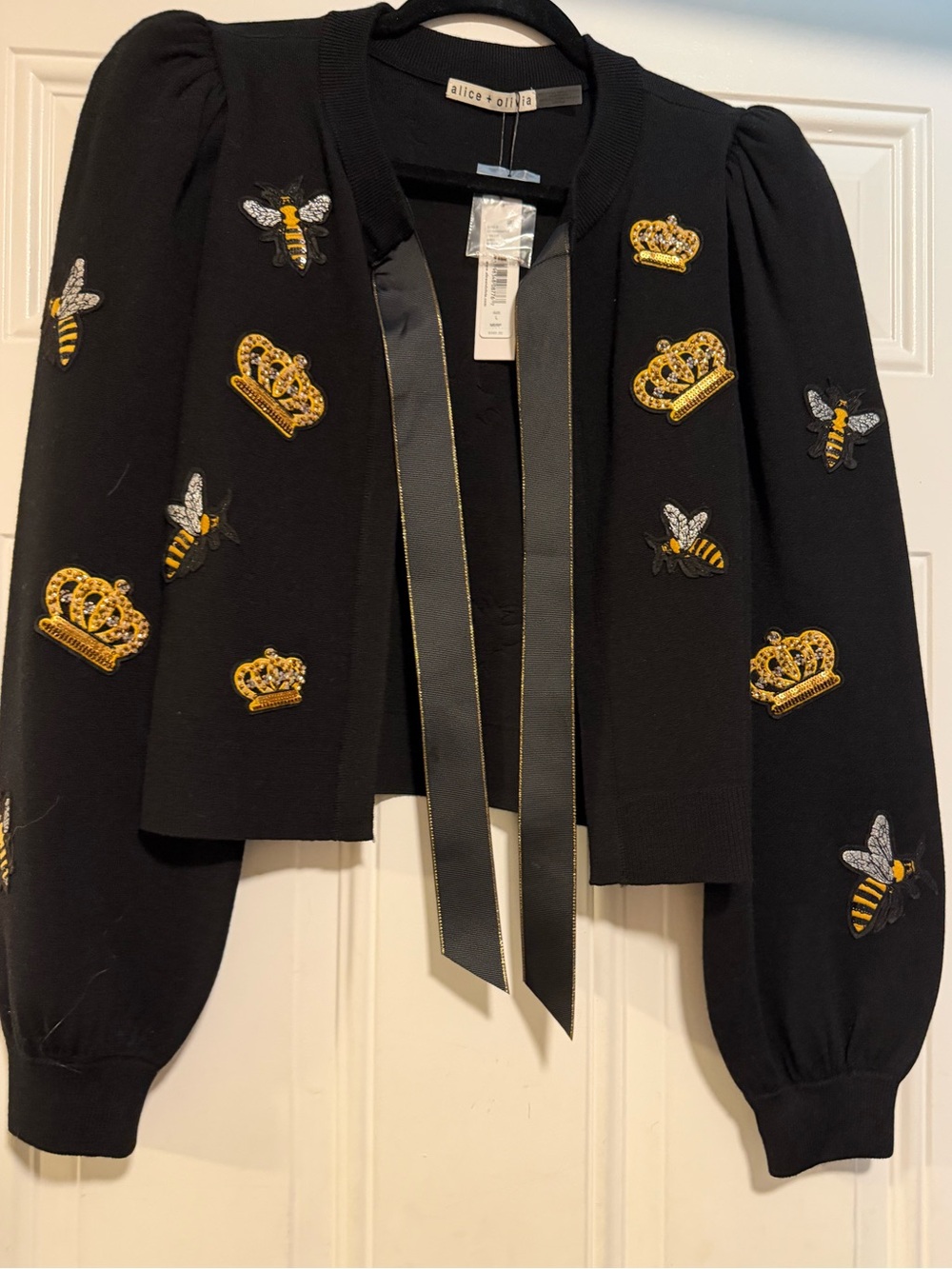 Alice + Olivia Black Cropped Embroidered Bee & Crown Jacket